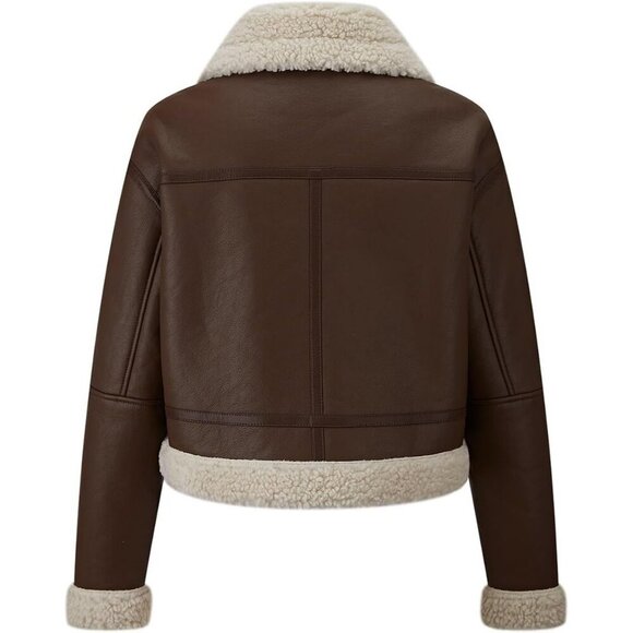 Women's Fur Leather Jacket Shearing Cropped Faux Fur Lined Moto Biker 155 Brown - Picture 3 of 5